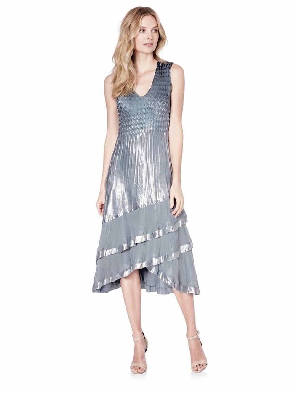 Komarov V-Neck Tiered Ombré Silver-Blue Sleeveless Chiffon Charmeuse Dress Sz XL